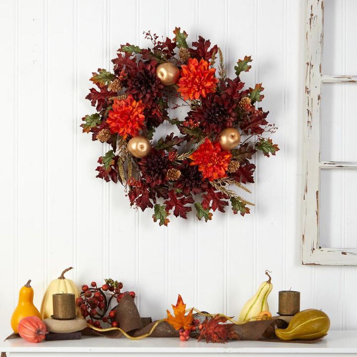 Hivvago 24" Fall Dahlia, Golden Apple, Oak Leaf and Berries Autumn Artificial Wreath