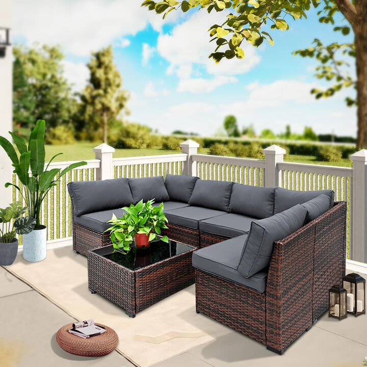 Mondawe 7 Piece Patio Furniture Set, Rattan Outdoor Conversation Set with Cushions and Pillows
