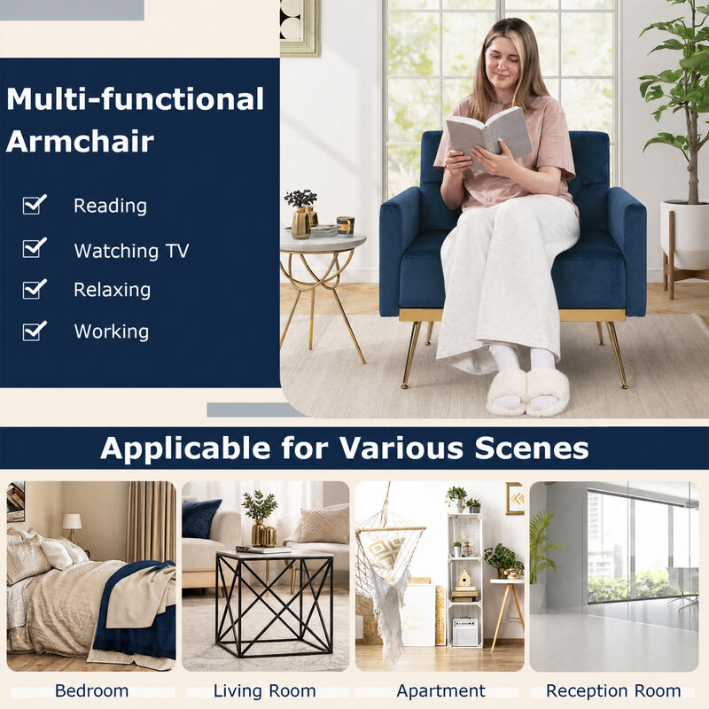 Modern Upholstered Accent Chair with Velvet Fabric and Button Tufted Back for Living Room image number 5