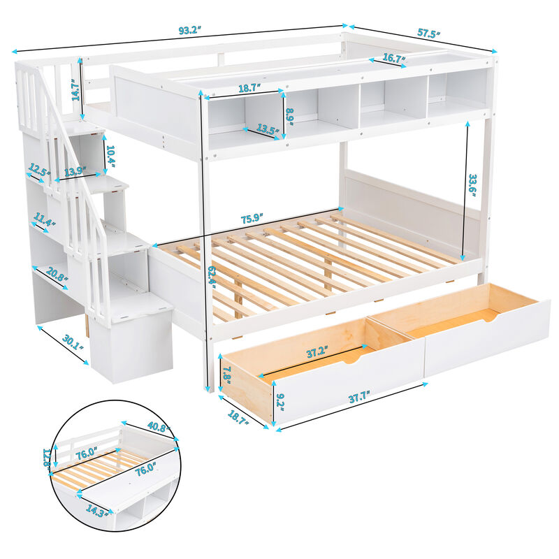 Whisen Twin over Full Bunk Bed with Shelfs, Storage Staircase and 2 Drawers- White