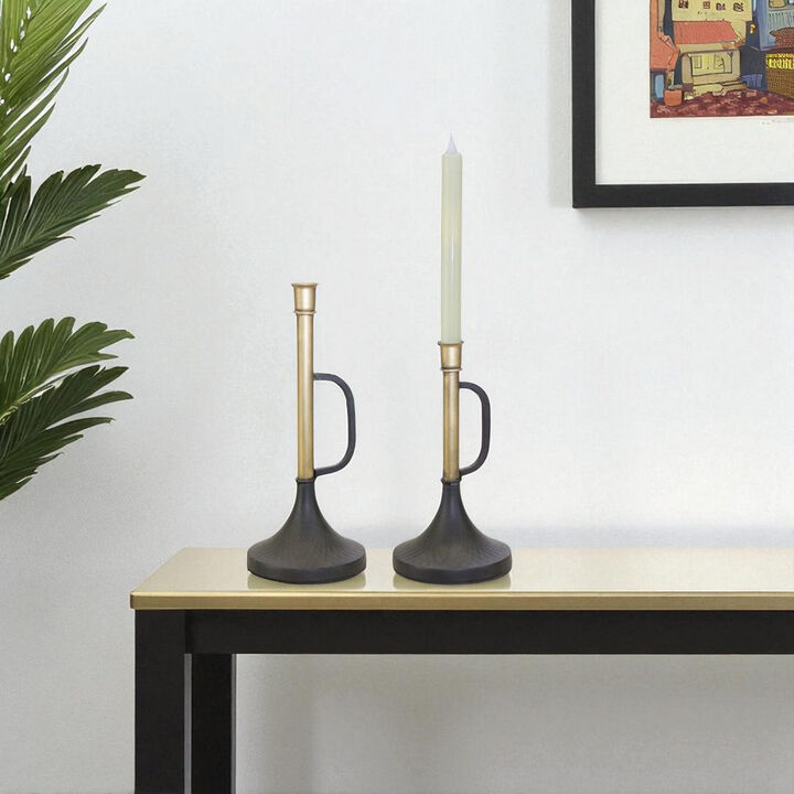 HomeRoots Set of Two Black And Gold Distressed Metal Tabletop Taper Candlesticks