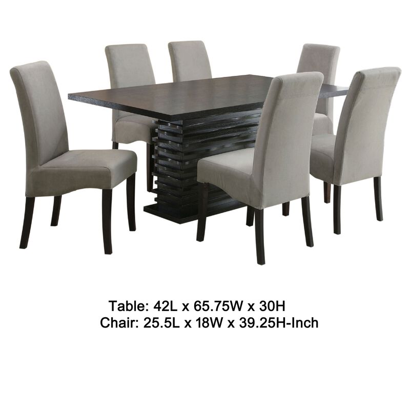 Tela 7pc Dining Table and 6 Chairs Set, Black Pedestal Base, Gray - Benzara