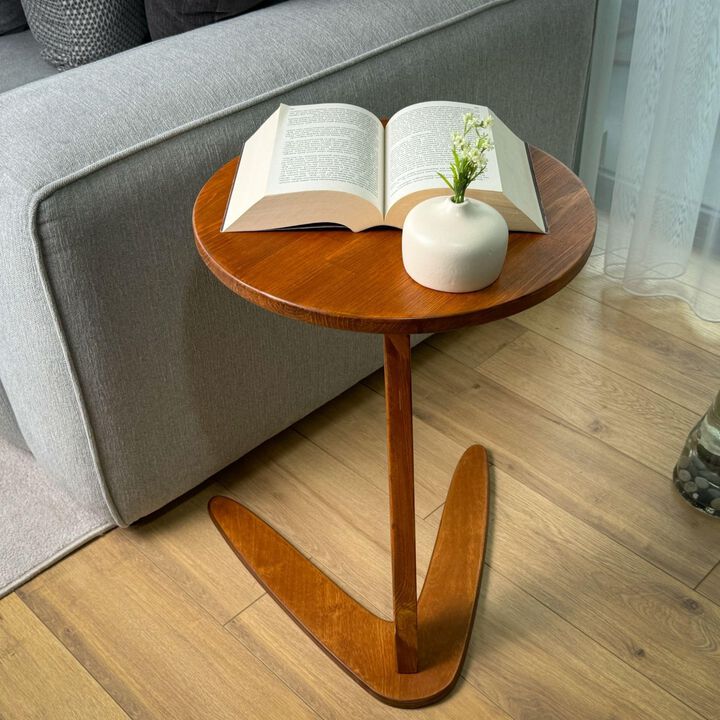 GENESIS WOODESIGN C-Shaped Handmade Solid Wood End Table, Side Table for Couches, Sofa Tables Slide Under Couch for Living Room,