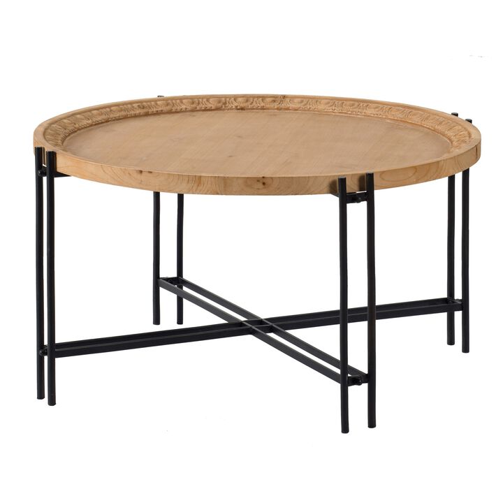 32 Inch Fir Wood Coffee Table, Intersecting Metal Legs, Brown and Black-Benzara