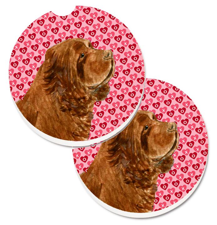 Caroline's Treasures Sussex Spaniel Hearts Love Valentine's Day Set of 2 Cup Holder Car Coasters SS4510CARC, 2.56, Multicolor