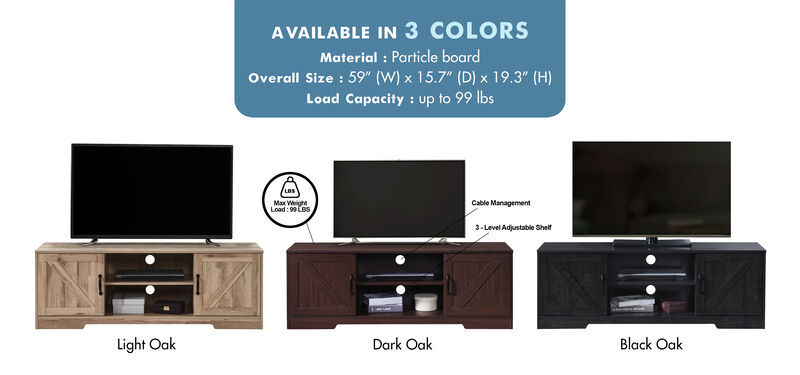 59 in. Farmhouse TV Stand For TVs Up To 65" with 2 Storage Cabinets, Wood Barn Door Media Television Console Table With Storage, Modern Entertainment Center For Living Room image number 6