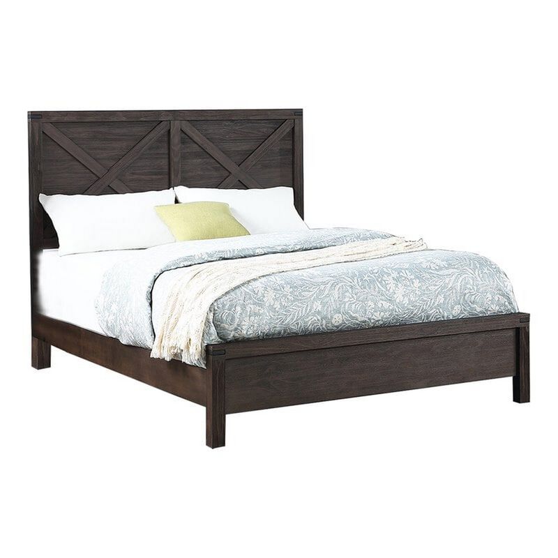 Yale Platform Queen Size Bed, Crossed Accent Panel, Dark Walnut Brown - Benzara