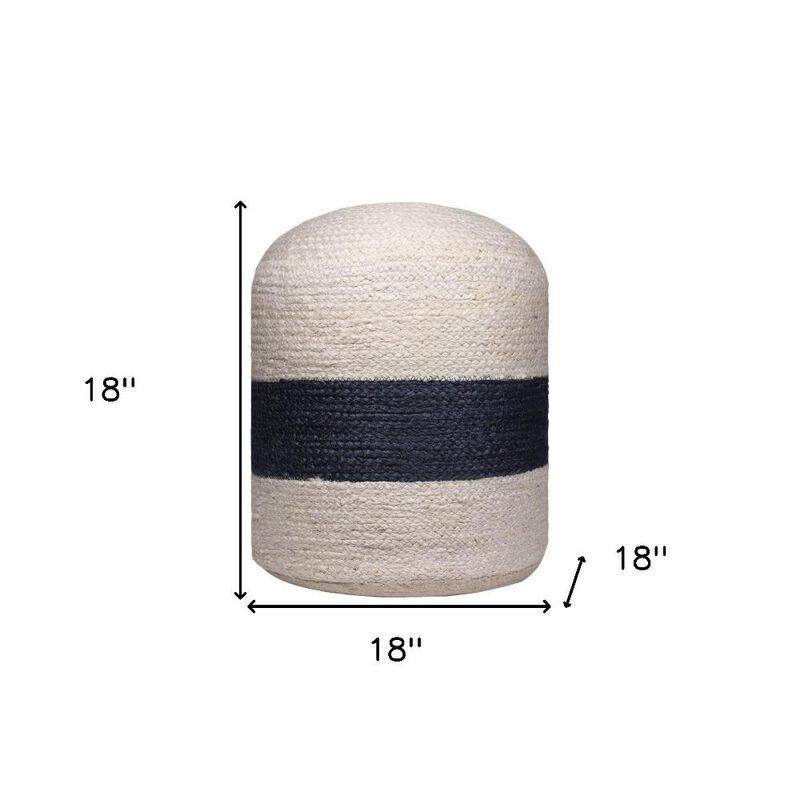 Hivvago 18 Inch Off White And Navy Blue Jute Blend Cylinder Striped Pouf Ottoman