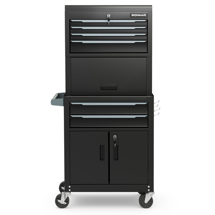 3-in-1 6-Drawer Rolling Tool Chest Storage Cabinet with Universal Wheels and Hooks-Black