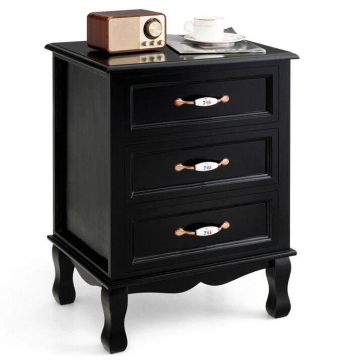 Hivvago 3 Drawers Nightstand with Solid Wood Legs for Living Room Bedroom-Black