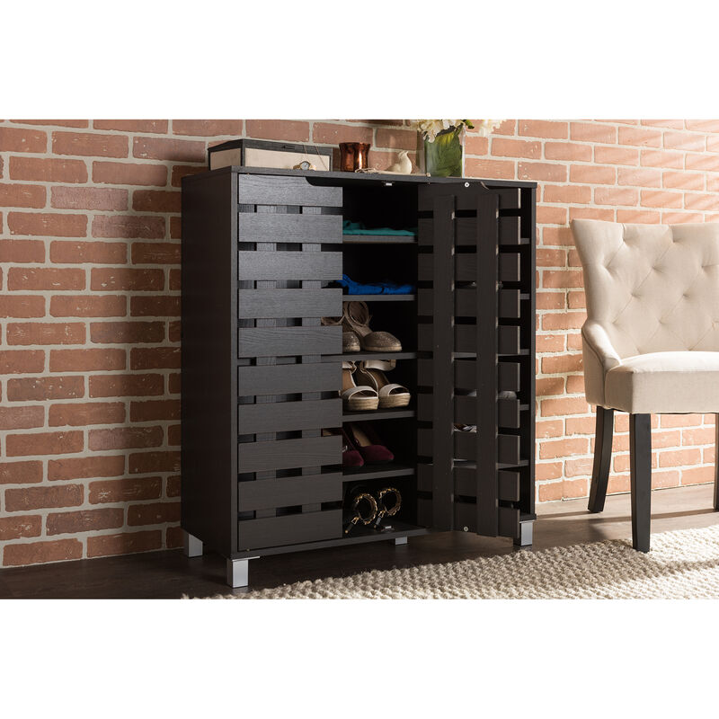 Baxton Studio Shirley Modern and Contemporary Dark Brown Wood 2-Door Shoe Cabinet with Open Shelves
