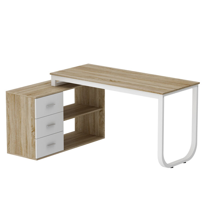 55.1 in. L-Shaped Oak and White Wood Writing Desk Corner Gaming Desk With 2-Tier Shelves and 3-Drawers Home Office Use