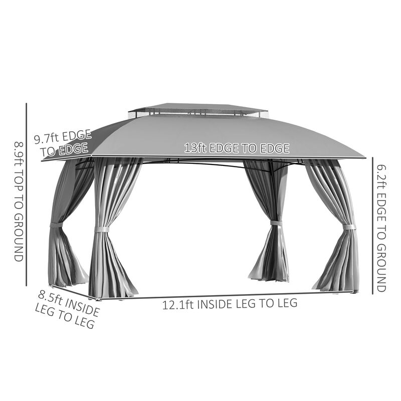 13' x 10' Patio Gazebo Outdoor Canopy Shelter with Sidewalls, Double Vented Roof, Steel Frame for Garden, Lawn, Backyard and Deck, Grey