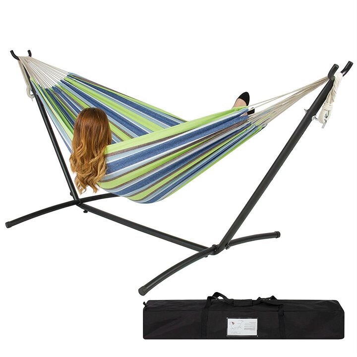 Portable Stripe Cotton Hammock with Metal Stand and Carry Case