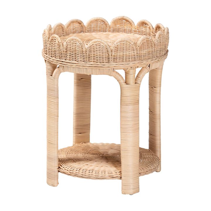 bali & pari Latoya Natural Rattan End Table - Handwoven Wicker 2-Tier Side Table with Scalloped Border for Living Room or Bedroom