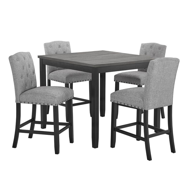 Phy 5pc Counter Table and Chairs Set, Nailheads, Tufted Gray Fabric, Black - Benzara