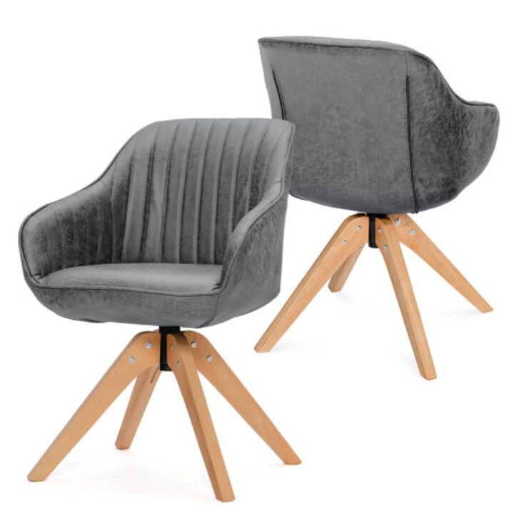 Hivago Modern Leathaire Set of 2 Swivel Accent Chair with Beech Wood Legs-Brown