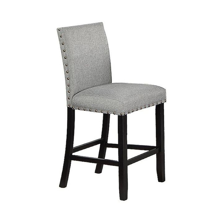 Sie 24 Inch Counter Height Chairs, Set of 2, Nailhead Trim, Gray Fabric, Black Wood