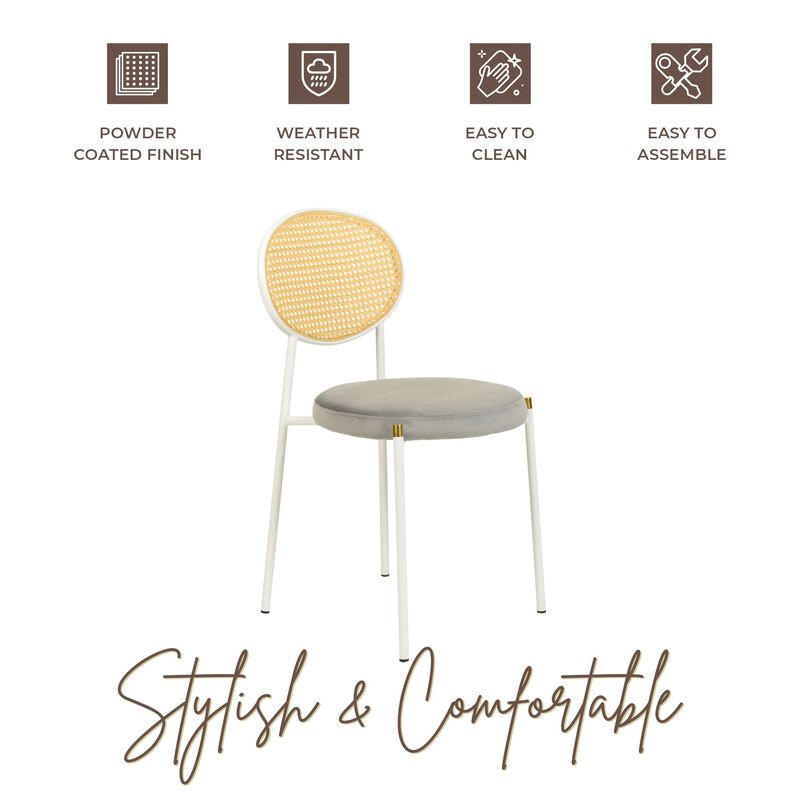 LeisureMod Velvet/Leather Dining Chair Rattan Back Side Chair Comfortable Kitchen Chair with Stainless Steel Base Euston Collection, Set of 4