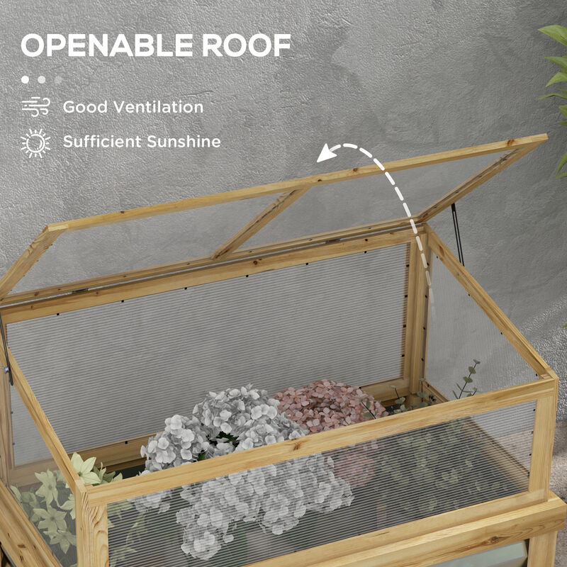 Outsunny Raised Garden Bed with Polycarbonate Greenhouse, Lean-to Garden Wooden Cold Frame Greenhouse, Flower Planter Protection, Lean to Roof, 41" x 22.5" x 28.25", Natural