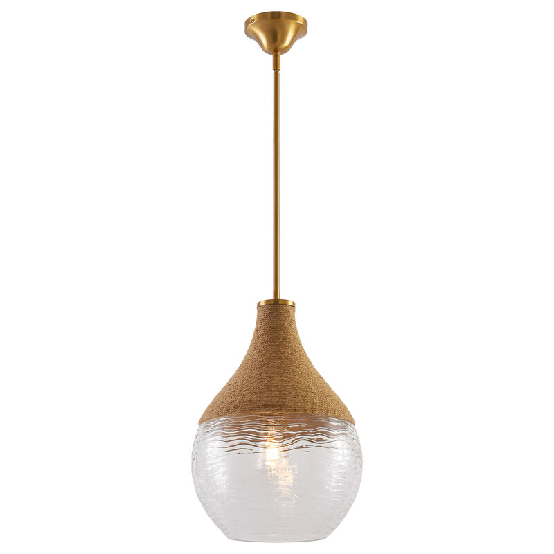 13" Modern Coastal Gold Hemp Rope Pendant Light with Vase-Shaped Water Glass Shade for Bedroom, Living Room or Kitchen Island image number 0