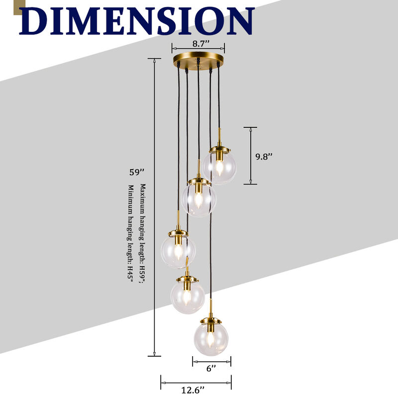 5-Light Antique Gold Staircase Modern Chandelier Foyer Pendant With Clear Globe Bubble Glass Accents image number 5