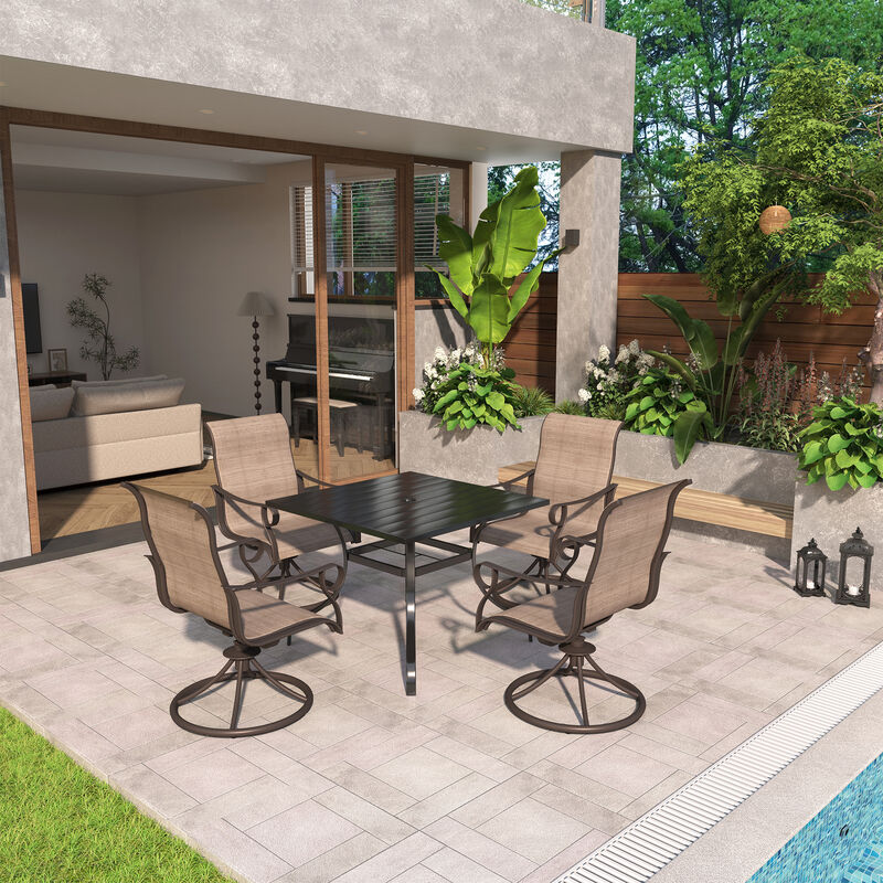 MONDAWE 5-Piece Square Steel Table And Steel Textiliene Dining Chair Set With 4 Pcs Swivel Chairs,Purchase Set Limited Time Get A Free Parasol(Random Styles&Colors)
