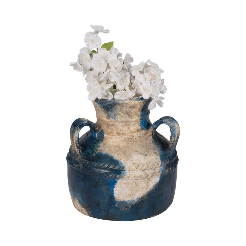 Terracotta, 12" Triple Handle Jug, Blue/ivory image number 1