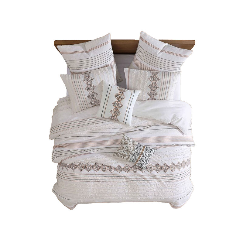 Jela 5pc King Size Comforter Set, Shams, White Clipped Jacquard Stripe