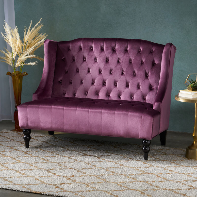 Modern Glam Velvet Loveseat, Diamond Tufted High Back Wingback Sofa with Turned Wood Legs for Living Room