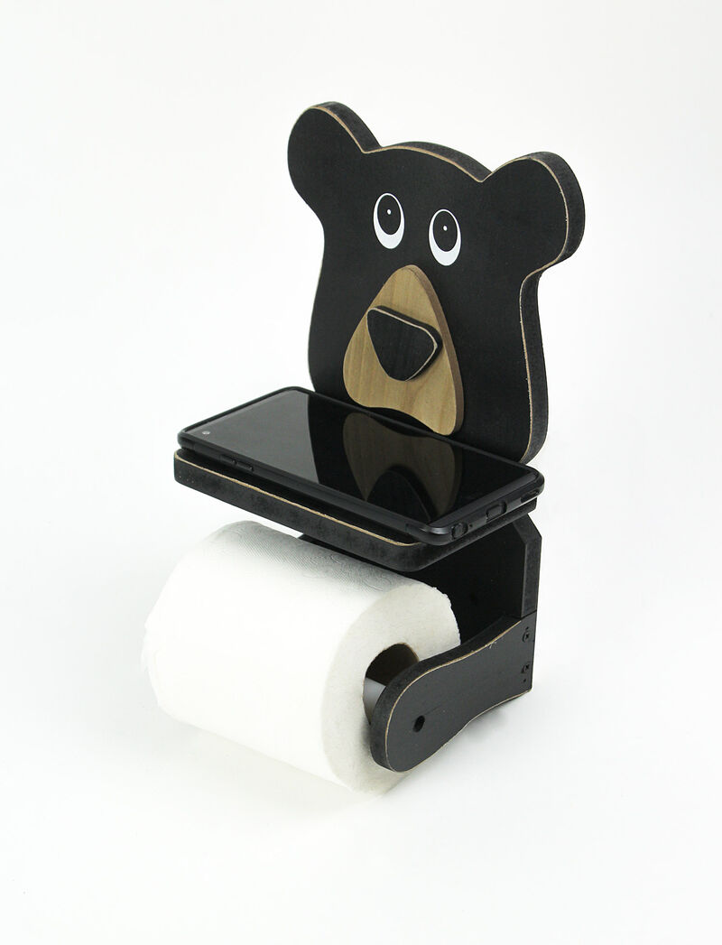 Whimsical Hand Painted Black Bear Wooden Toilet Paper Roll Holder image number 1