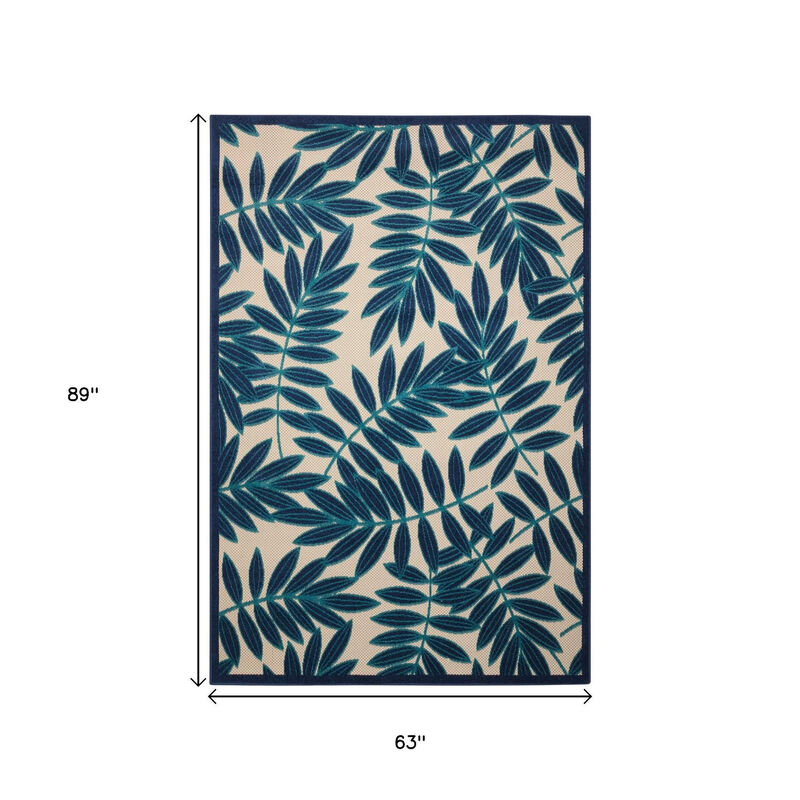 HomeRoots 5' X 8' Navy Blue And Ivory Palm Leaf Indoor Outdoor Area Rug image number 3