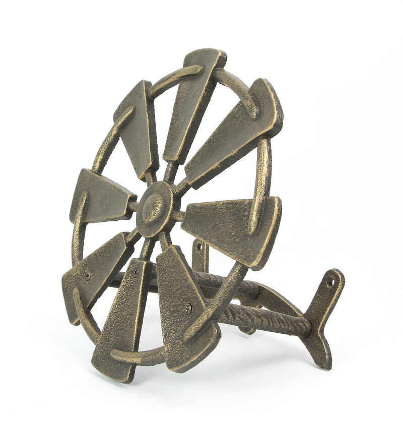 Cast Iron Farmhouse Windmill Wall Mounted Garden Hose Holder Bronze Finish image number 2