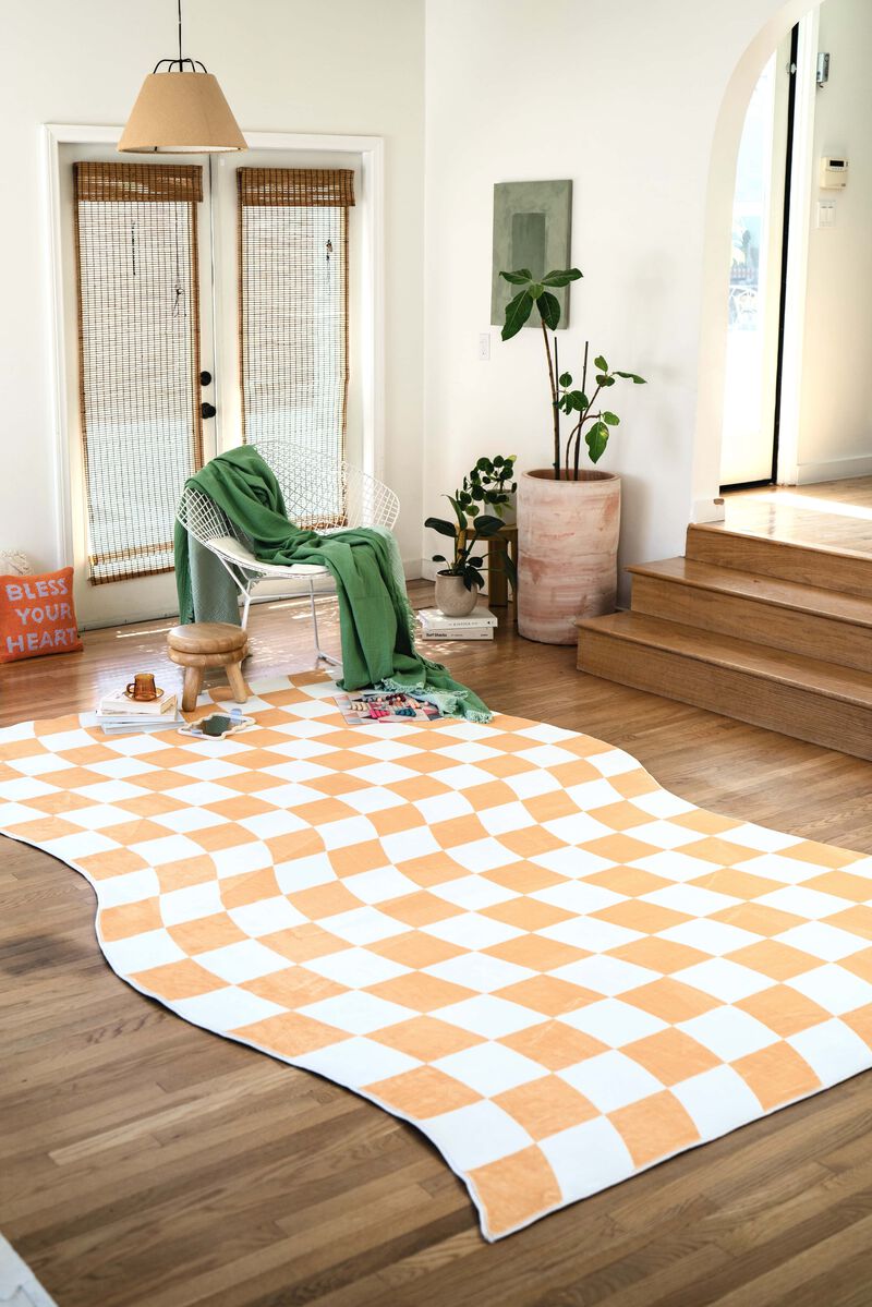 Lany Space Area Rug, Washable Non-Slip Rug, Yellow Wavy Checkered Rug for Living Room image number 2