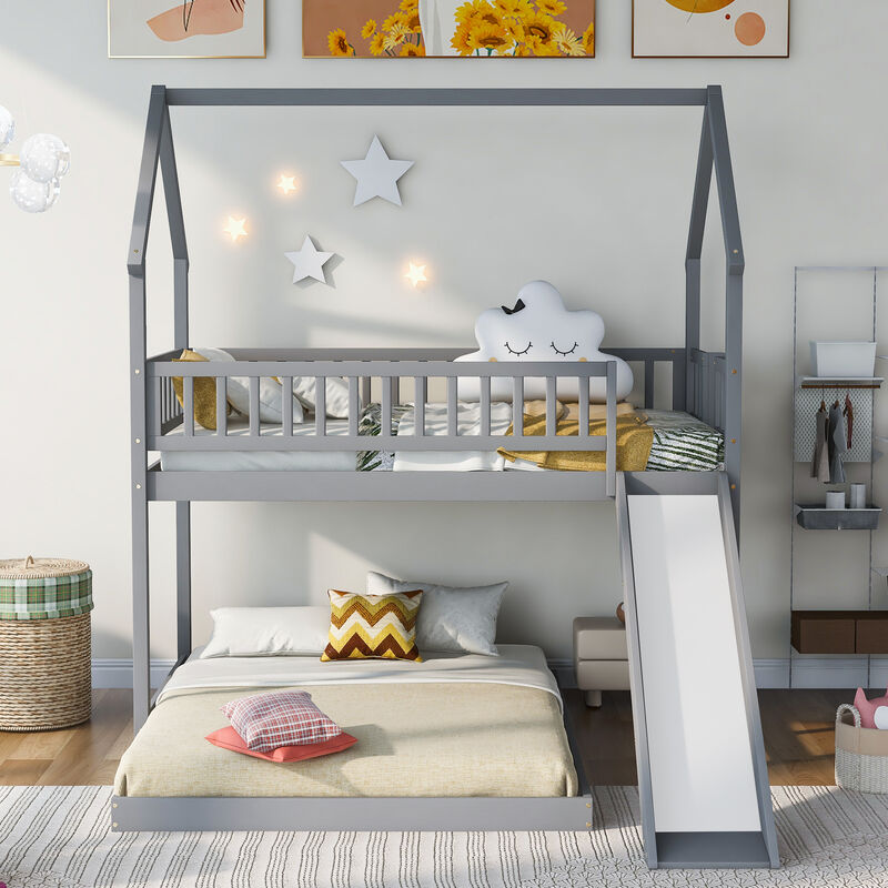 Merax House Bunk Bed with Slide and Built-in Ladder