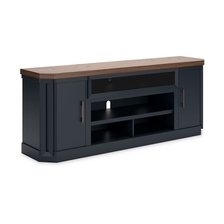 Docken TV Media Console, Open Fireplace Area, Blue Brown, 83 Inch - Benzara