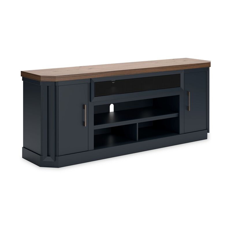 Docken TV Media Console, Open Fireplace Area, Blue Brown, 83 Inch - Benzara