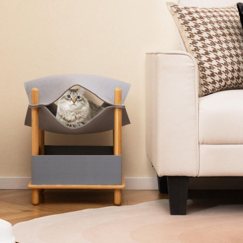 Hivvago 2-Tier Wooden Cat House with Semi-enclosed Condo and Removable Clothes