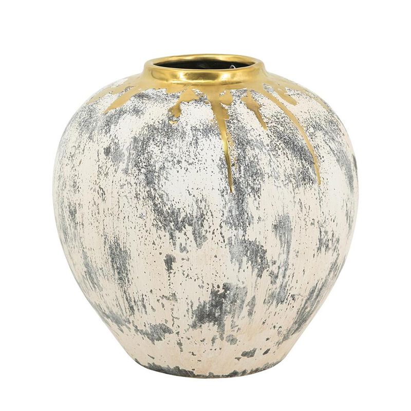 HomeRoots 12" Gray Ivory And Gold Modern Abstract Ceramic Table Vase image number 2