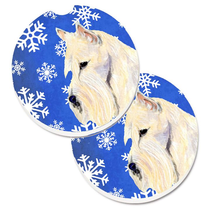 Caroline's Treasures Scottish Terrier Winter Snowflakes Holiday Set of 2 Cup Holder Car Coasters SS4668CARC, 2.56, Multicolor