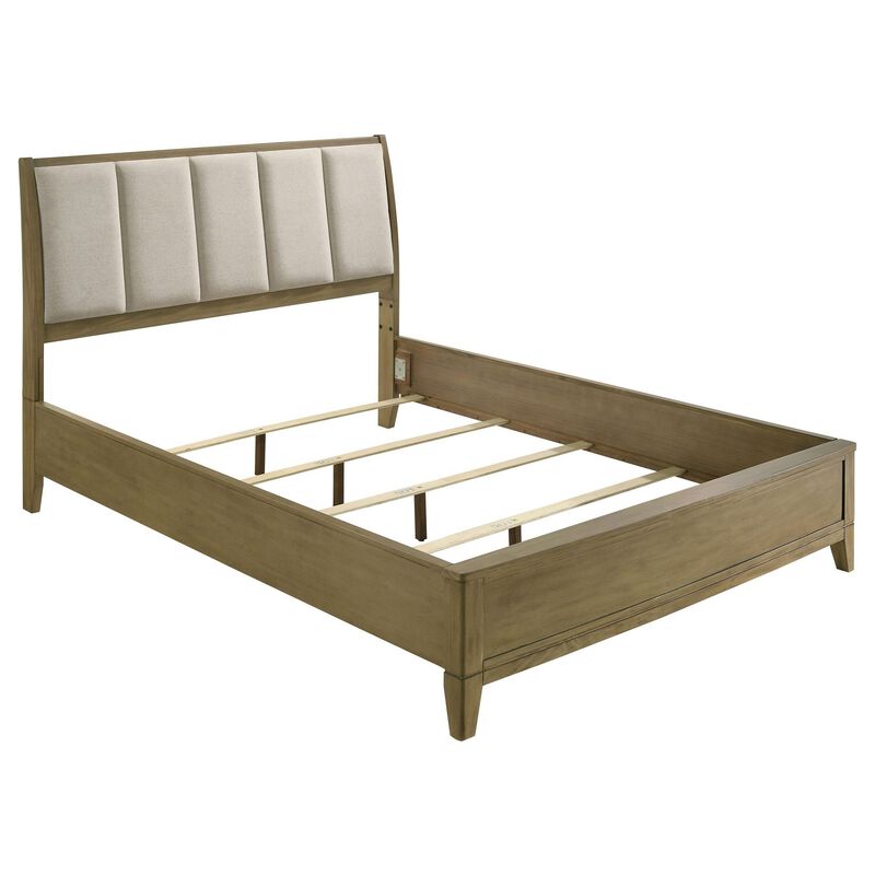 Heon Queen Bed, Block Panel Headboard, Ivory Upholstery, Pine Wood - Benzara