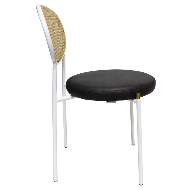 LeisureMod Velvet/Leather Dining Chair Rattan Back Side Chair Comfortable Kitchen Chair with Stainless Steel Base Euston Collection, Set of 2