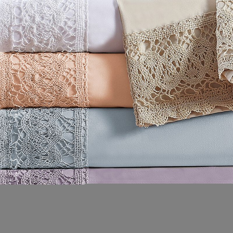 Udine 4 Piece Queen Size Microfiber Sheet Set with Crochet Lace The Urban Port, White-Benzara