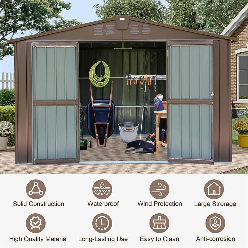 CLIHOME 10x8Ft Outdoor Patio Metal Steel Storage Shed,Utility Tool Shed Storage House with Double Lockable Doors and Air Vents image number 5