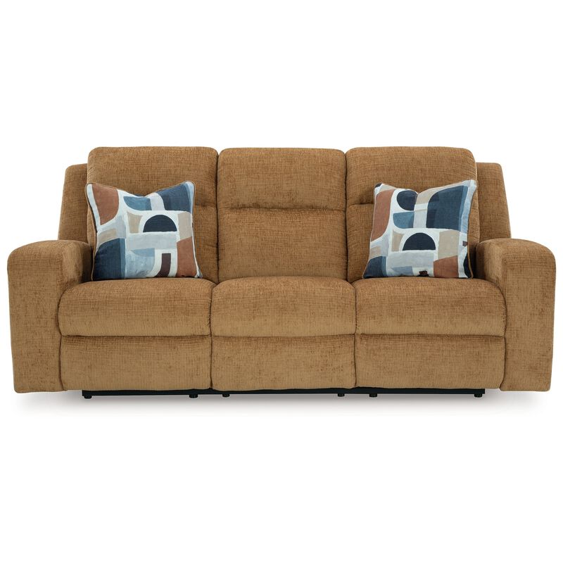 Damon Manual Reclining Sofa, Camel Brown Polyester, 2 Pillows, 86 Inch - Benzara