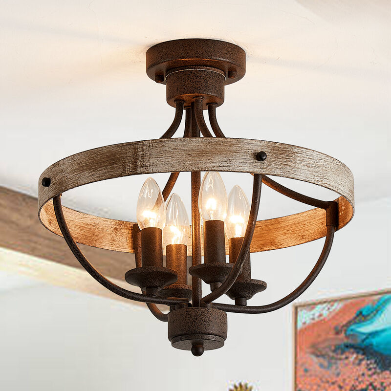 4-Light Rusted Brown Wheel Wood Semi-Flush Mount Ceiling Light