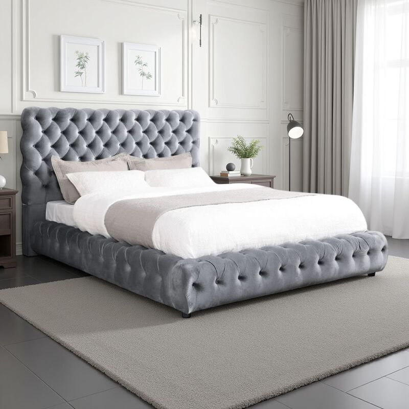 Goy Queen Size Bed, Diamond Tufted Gray Velvet Upholstery, Low Profile