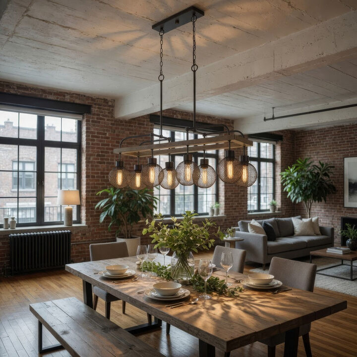 8 Bulb Chandelier with Wooden Frame and Metal Orb Shades, Brown and Black - Benzara