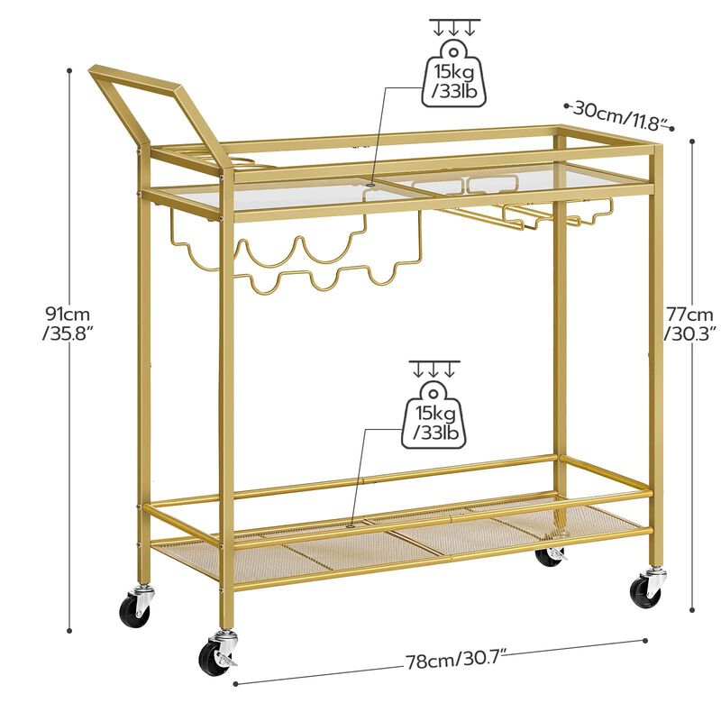 Bar Cart on Wheels with Wine Rack, Glass Holder, and Guardrail for Drinks-Gold image number 2
