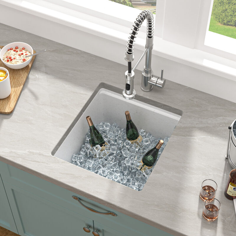 17 in. Undermount Single Bowl Workstation White Quartz Composite Kitchen Sink Round Corner with Bottom Grid. image number 3